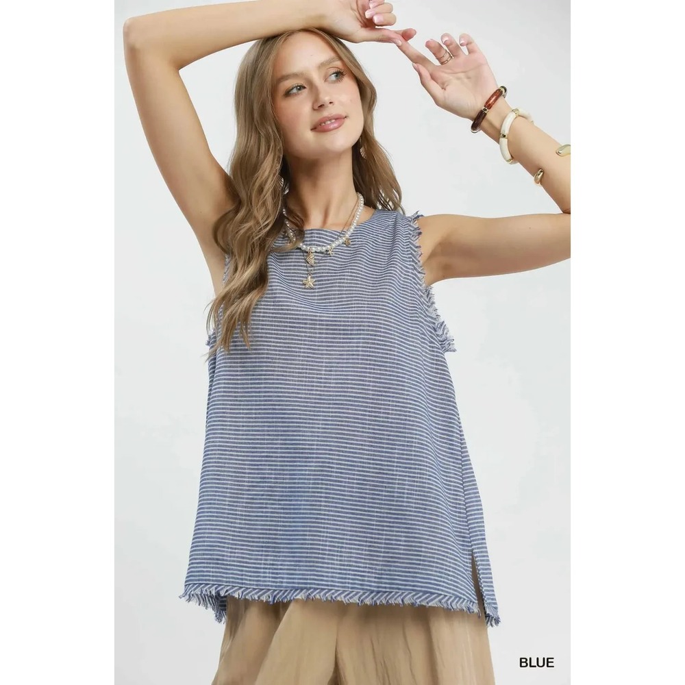 Umgee Stripe Fringe Trim Sleeveless Top‎ - Medium